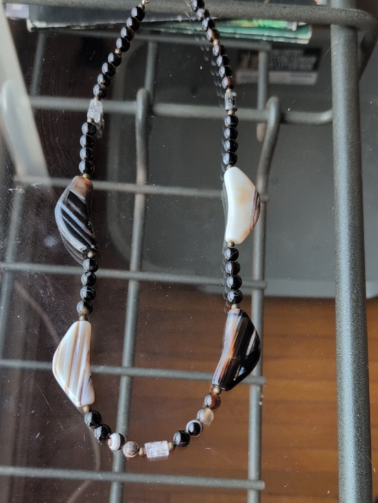 Hand Crafted Jewelry - Handmade Black and White Line Agate Beaded Necklace With Quartz